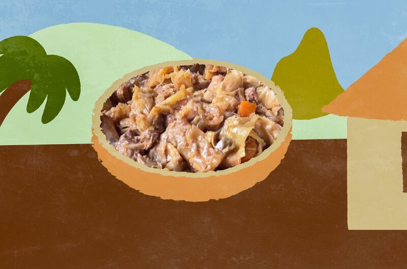 Pua’a choux ist ein einfaches Schmorgericht aus Schweinefleisch und Gemüse und wird in einem polynesischen Erdofen, dem Ahima’a, gegart. – Bild: Elephant Doc