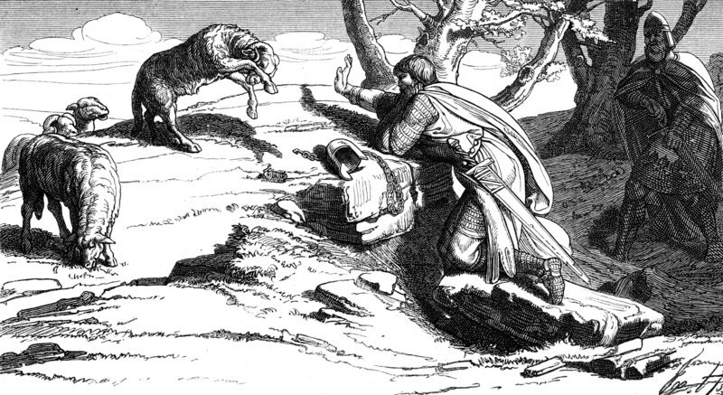 Otto VIII. von Wittelsbach, vor 1180⁠–⁠7.3.1209, Pfalzgraf von Bayern, Szene: Otto, der nach der Ermordung Philipps von Schwaben geächtet wurde, wird am 7.3.1209 von Marschall Heinrich von Kalden überrascht und getötet, Holzschnitt, 19. Jahrhundert. – Bild: History /​ INTERFOTO /​ Alamy Stock Photo