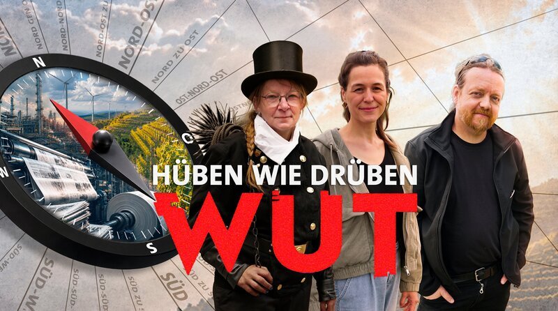 Keyvisual zu „Hüben wie drüben“, einem gesamtdeutschen Roadmovie auf den Spuren der Wut in Ost- und Westdeutschland. Autor Matthias Schmidt reist durch Baden-Württemberg und Sachsen-Anhalt und spricht mit Bürgerinnen und Bürgern über Migration, Energiewende, Wirtschaftskrise und gesellschaftlichen Zusammenhalt. U. a. mit Yvonne Drehkopf, Bezirksschornsteinfegerin, Viola Albrecht und Maik Liebe, Umweltaktivisten. – Bild: MDR/​SAVIDAS