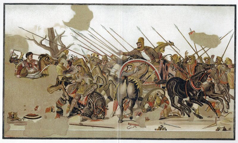 Alexander der Große führt seine Truppen gegen das sich zurückziehende persische Heer unter Darius III. in der Schlacht von Issos im Jahr 333 v. Chr. – Bild: History /​ Photos.com