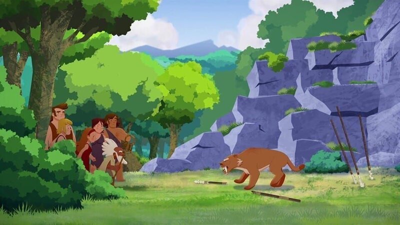 Auf der Suche nach Tib werden die Eltern von einem Säbelzahntiger angegriffen. – Bild: Kinderkanal