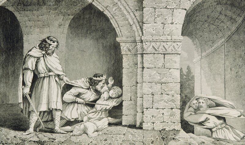 Childebert I., ca. 498⁠–⁠588, wegen der Ermordung der Erben seiner Brüder. Aus: Histoire de France von Colart, erschienen um 1840. – Bild: History /​ Classic Image /​ Alamy Stock Phot; Classic Image /​ Alamy Stock Photo