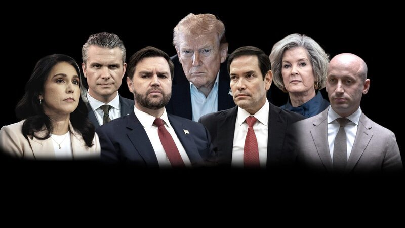 Tulsi Gabbard, Pete Hegseth, JD Vance, Donald Trump, Marco Rubio, Susie Wiles, Stephen Miller. – Bild: ORF/​PBS
