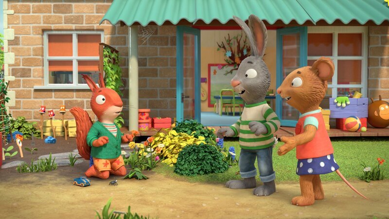 Pip, Posy und Jamila spielen Schatzsuche. Aber Jamila vergisst immer wieder, dass sie das blaue Spielzeugauto als Schatz verstecken soll. – Bild: ZDF/​Magic Light Pictures LTD 2023