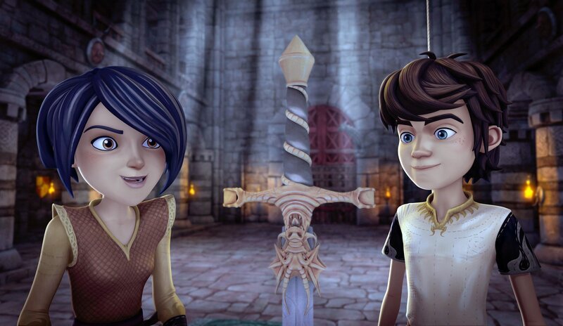 Arthur und Morgan haben sich in den Thronsaal geschlichen, um an das Zauberschwert Excalibur zu kommen. – Bild: SWR/​Blue Spirit Productions/​Télé