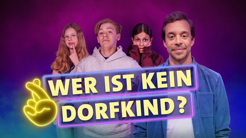 Moderator Tobias Krell (rechts) mit der Gruppe Dorfkinder. Doch wer kommt wirklich vom Dorf? – Bild: hr/​Bavaria Entertainment/​dyrdee Media GmbH & Co. KG