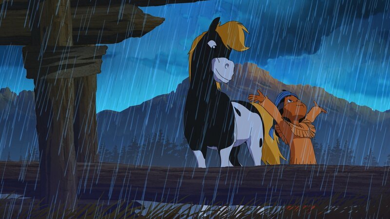 Yakari und sein Pony Kleiner Donner genießen den Regen. – Bild: WDR/​Storimage