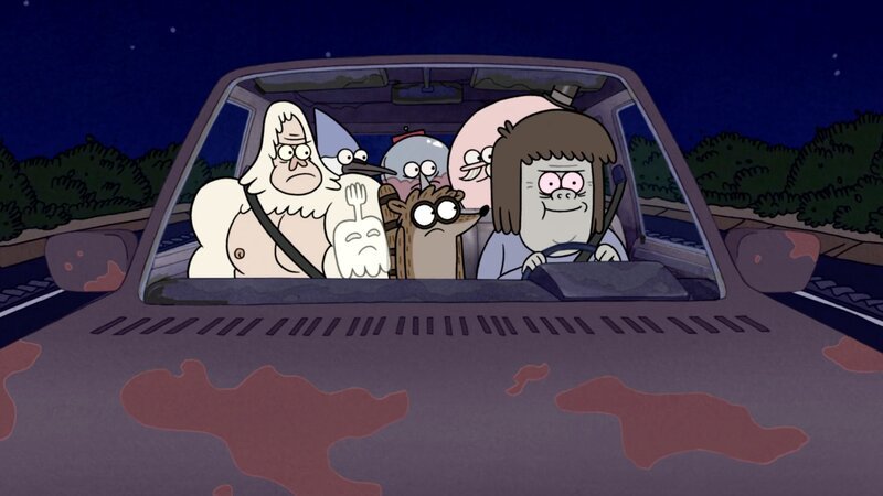 v.li.: Skips, Hi-Five Ghost, Mordecai, Benson, Rigby, Pops, Muscle Man – Bild: Cartoon Network