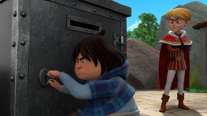 Prinz John (re.) freut sich über seinen einbruchsicheren Tresor. Selbst der geschickte Tuck (re.) hat keine Chance ihn zu knacken. – Bild: Method Animation – ZDF, ZDF Studios, KidsMe.