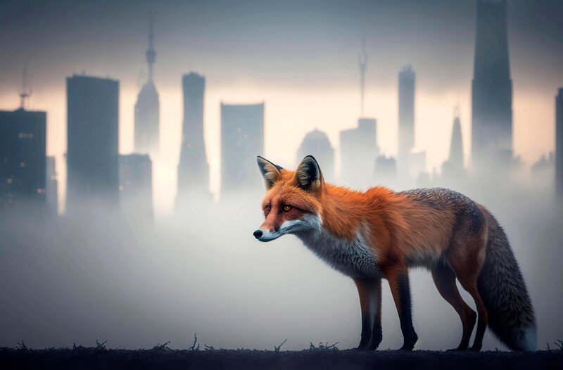 Archivfoto: Ein Rotfuchs im Morgennebel, hinten Skyline einer Großstadt, AI generiert – Bild: WDR/​imageBROKER/​vario images/​KI/​Paul Hartl/​AI-Modified