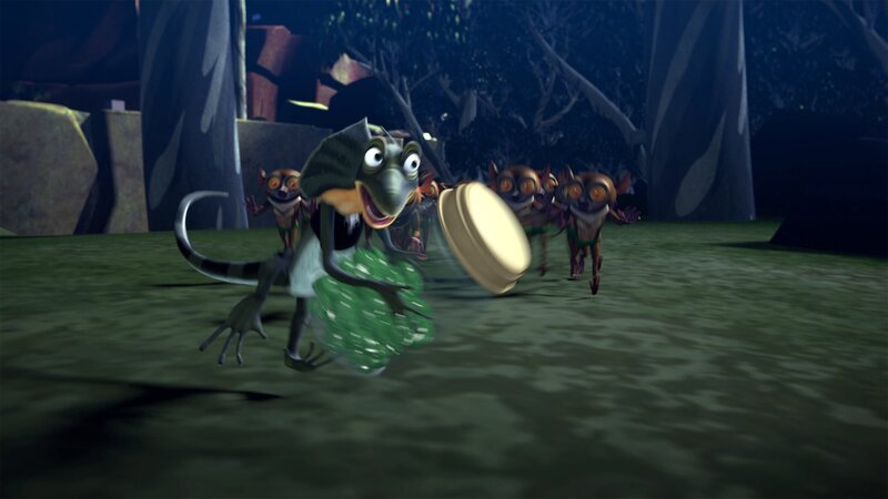 Die Lemuren, die von Blinky und Jacko für Außerirdische gehalten werden, verfolgen Jacko und wollen seine grünen Bonbons. – Bild: KiKA/​Studio 100 Media /​ Flying Bark