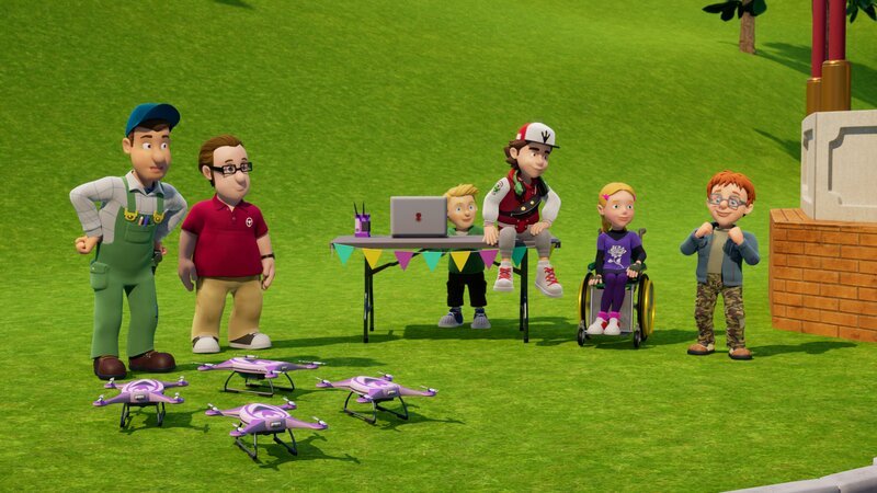 Gemeinsam mit den Kindern bereiten Mike und Joe die Drohnen-Show vor. – Bild: KiKA/​Prism Art & Design Limited