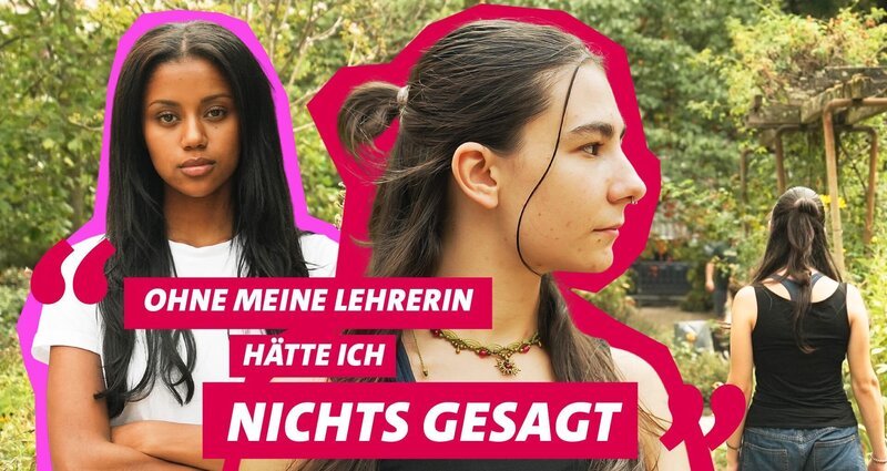 Host Kiara (r.) und Protagonistin Elisa mit „Ohne meine Lehrerin hätte ich NICHTS GESAGT!“ – Bild: WDR/​We are Era