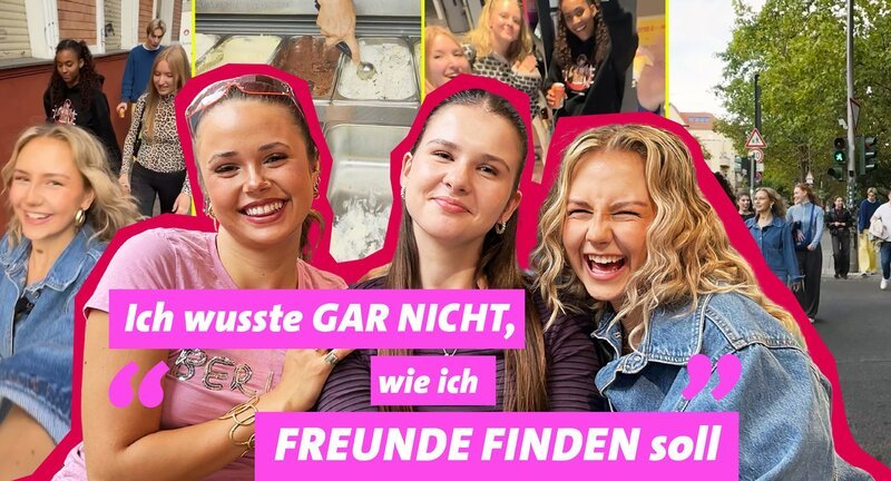 Amelie (rechts) und Lola (links) sitzen lachend neben POV-Host Helena. – Bild: WDR/​We are Era