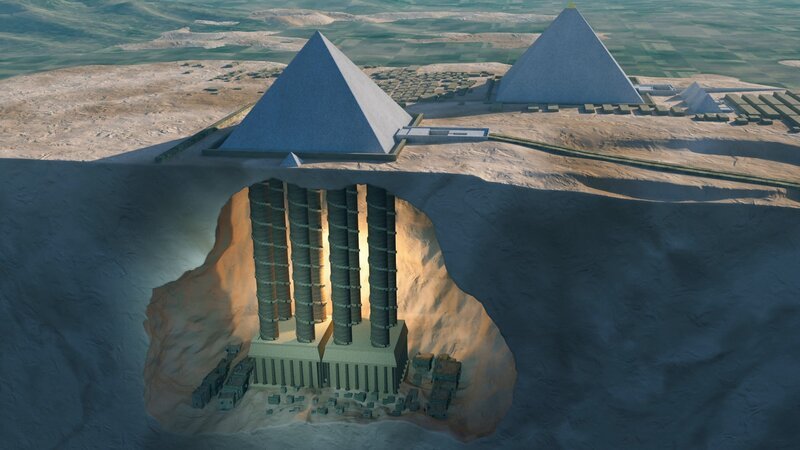 Digitale 3D-Illustration einer unterirdischen Struktur unter den Pyramiden von Gizeh. – Bild: History