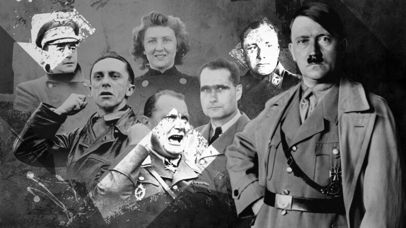 Sie waren Hitlers (r.) engste Vertraute und begleiteten den Diktator auf seinem Weg zur Macht bis in den Untergang: Von links: Speer, Goebbels, Eva Braun, Göring, Hess und Bormann. „Terra X History“ erzählt die Geschichte des „Nazi-Clans – Hitlers Hofstaat“. – Bild: ZDF und Imago/​ZDF. Thomas Lenz, Autorenkombinat