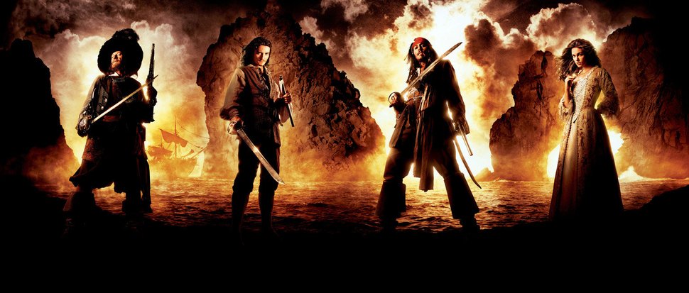 Fluch der Karibik mit (v.l.n.r.) Geoffrey Rush, Orlando Bloom, Johnny Depp und Keira Knightley… – Bild: Disney / Jerry Bruckheimer Lizenzbild frei