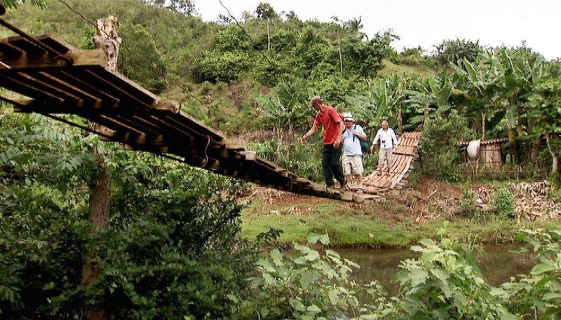 Wanderer auf einer Hängebrücke im Alexander-von-Humboldt-Nationalpark im Osten Kubas. – Bild: ZDF und HR