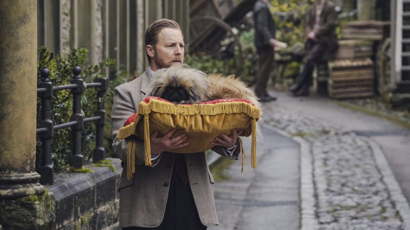 Pekinese Tricki Woo (Derek) verstört Siegfried Farnon (Samuel West) – Bild: Matt Squire /​ Playground Television UK Ltd /​ all3media international