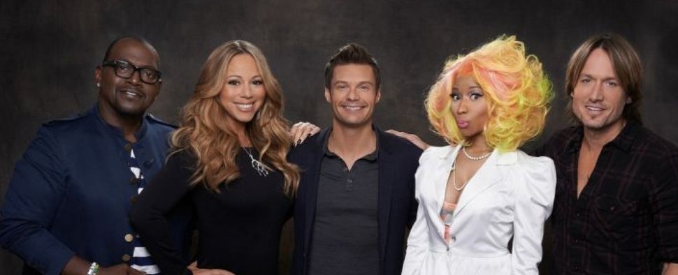 „American Idol“: Staffel 12 mit Randy Jackson, Mariah Carey, Moderator Ryan Seacrest, Nicki Minaj und Keith Urban (v.l.n.r.) – Bild: FOX