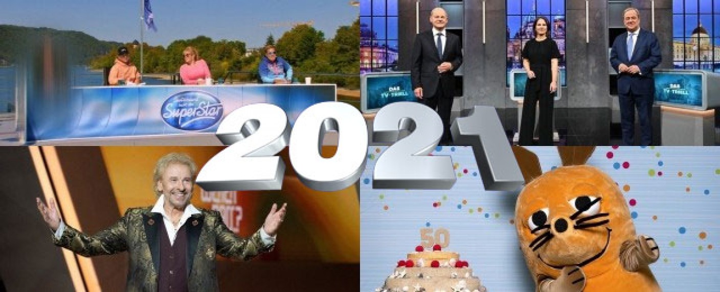 Das deutsche Fernsehjahr 2021 im Rückblick: Retrofieber, Seriositätsoffensive und Wahl-TV XXL – Das waren die Trends und Ereignisse des TV-Jahres – Bild: RTL/​Screenshot/​seven.one/​Willi Weber/​ZDF/​Sascha Baumann/​WDR/​Michael Schwettmann