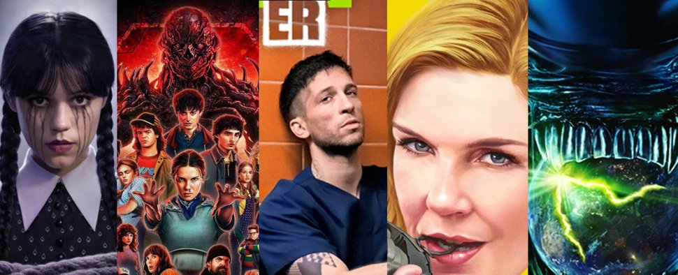 „Wednesday“, „Stranger Things“, „KRANK Berlin“, „Pluribus“ und „Alien: Earth“ zählen zu unseren besten Serien 2025 – Bild: Netflix/fx/Apple