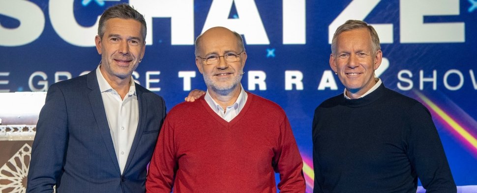 „Die große Terra X-Show“ mit Dirk Steffens, Harald Lesch und Johannes B. Kerner (v. l. n. r.) – Bild: ZDF/Sascha Baumann