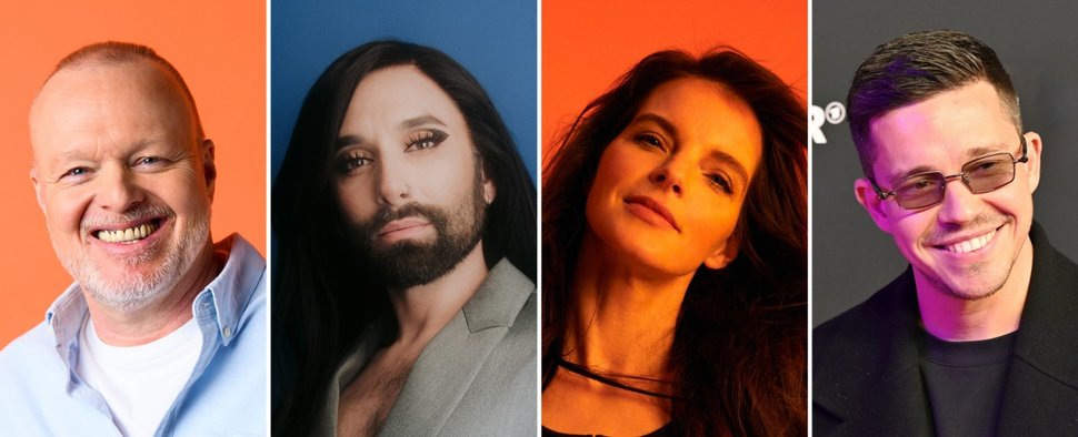 Die Jury der Entscheidungsshow von „Chefsache ESC 2025“ steht fest: Stefan Raab, Conchita Wurst, Yvonne Catterfeld und Nico Santos (v. l.) – Bild: NDR/Raab ENTERTAINMENT | Julia Feldhagen/Hanna Fasching/RTL/Adam von Mack/WDR/Thomas von der Heiden