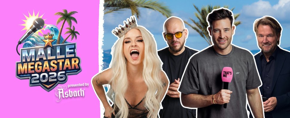 Die Partyschlager-Stars (v. l.) Mia Julia, Rumbombe, Marc Eggers und Musikmanager Markus Krampe casten den „Malle Megastar 2026“ – Bild: Banijay Germany