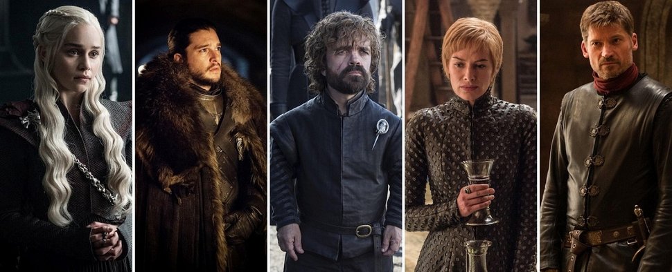 Die Protagonisten der siebten Staffel von „Game of Thrones“: Daenerys (Emilia Clarke), Jon (Kit Harington), Tyrion (Peter Dinklage), Cersei (Lena Headey) und Jaime (Nikolaj Coster-Waldau) – Bild: HBO