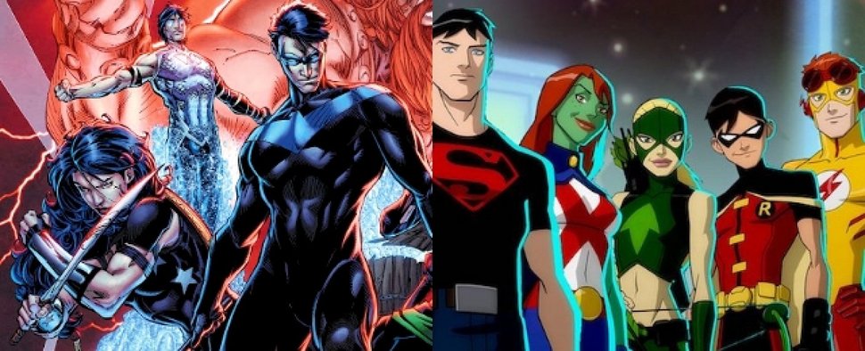 Die „Titans“ in den Comics (l.) und „Young Justice“ (r.) – Bild: DC Comics/Warner Bros. Animation