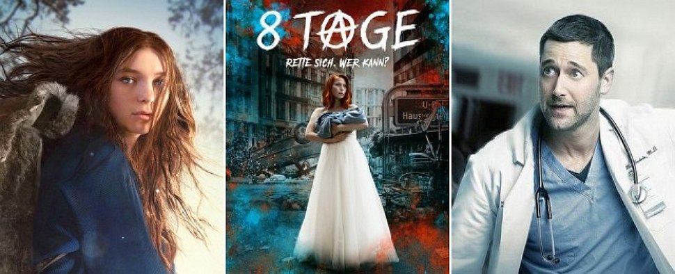 Drei der wichtigsten Serien im März: „Hanna“, „8 Tage“ und „New Amsterdam“ – Bild: Prime Video, Sky Deutschland, VOX