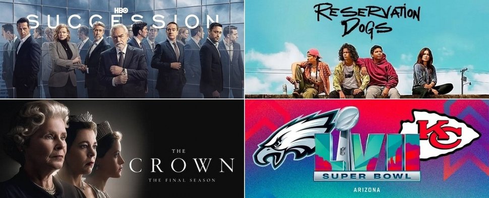 Drückten dem Jahr ihren Stempel auf: „Succession“, „Reservation Dogs“, „The Crown“ und „Super Bowl LVII“ – Bild: HBO, Disney+, Netflix, NFL