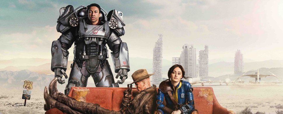 „Fallout“ mit Aaron Moten, Walton Goggins und Ella Purnell (v. l.) – Bild: Amazon MGM Studios