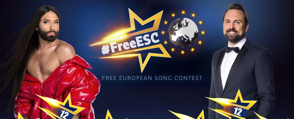Conchita Wurst und Steven Gätjen moderieren den „Free European Song Contest“ – Bild: ProSieben/Sven Doornkaat/Benedikt Mueller