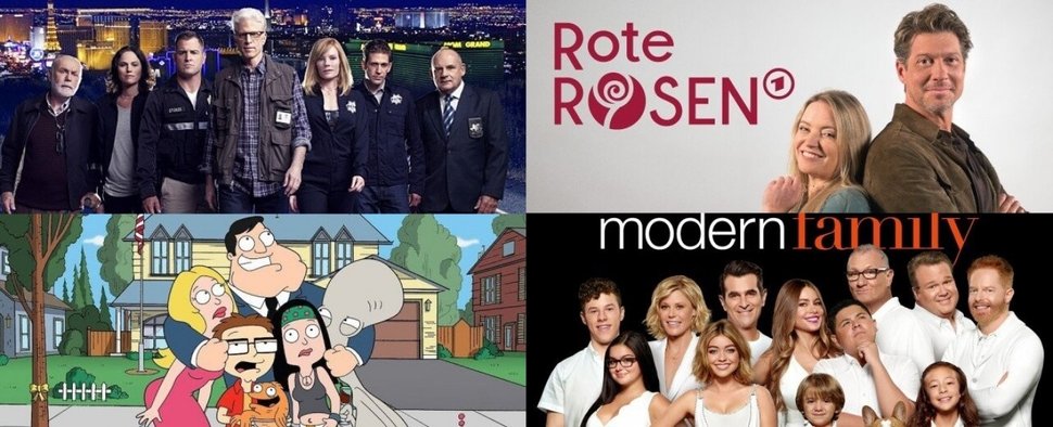 Gehören zu den meistgezeigten Serien 2024: „CSI“, „Rote Rosen“, „American Dad!“ und „Modern Family“ – Bild: RTL/ARD/Nicolas Stöcken/FOX/TBS/Paramount/Disney