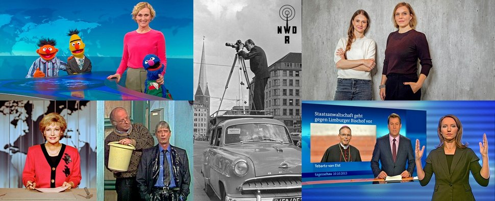 Informationsangebote der ARD im Wandel der Zeit – mit „Tagesthemen“, Dreharbeiten 1955, Podcast „11KM“, Nachrichtensprecherin Dagmar Berghoff, „Rudis Tagesshow“ und Gebärdendolmetscherin der „Tagesschau“ – Bild: NDR, Fornax, NDR / BR / Christian Spielmann, NDR / Gita Mundry, RB, PHOENIX