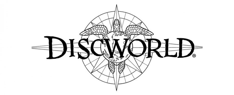 Logo der „Discworld“: Blick auf die Scheibenwelt, die von vier Elefanten getragen wird, die auf dem Rücken einer gewaltigen Schildkröte stehen – Bild: Narratavia