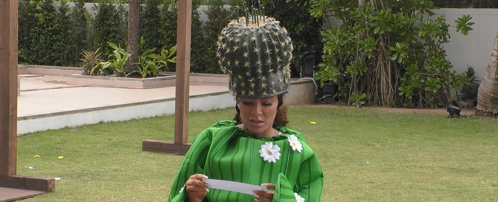 „Promis unter Palmen“: Janine Pink macht sich zum Kaktus. – Bild: Sat.1