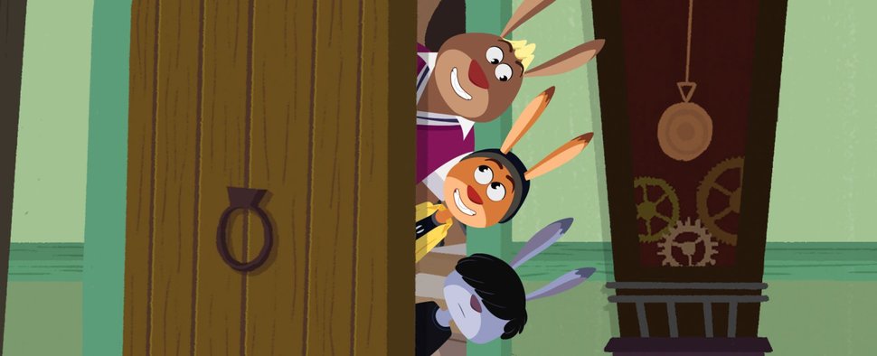 „Rabbit Academy“: Chester (oben), Max (Mitte) und Kela (unten) erkunden heimlich die Schule. – Bild: 2026 Akkord Film / SWR / KiKA / NDR / HR / SERU Animation / 2Minutes / FormArt Dekor