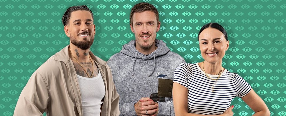 (v. l.) Reality-Star Mike Heiter, Ex-Nationalspieler Max Kruse und Ex-„Tatort“-Ermittlerin Mimi Fiedler sind die ersten „Promi Big Brother 2024“-Bewohner – Bild: Joyn/Bene Müller/Pascal Bünning