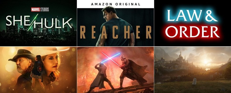 Starten voraussichtlich 2022: (oben) „She-Hulk“, „Reacher“, „Law & Order“, (unten) „Monarch“, „Obi-Wan Kenobi“, „Herr der Ringe“ – Bild: Disney+/PrimeVideo/NBC/FOX