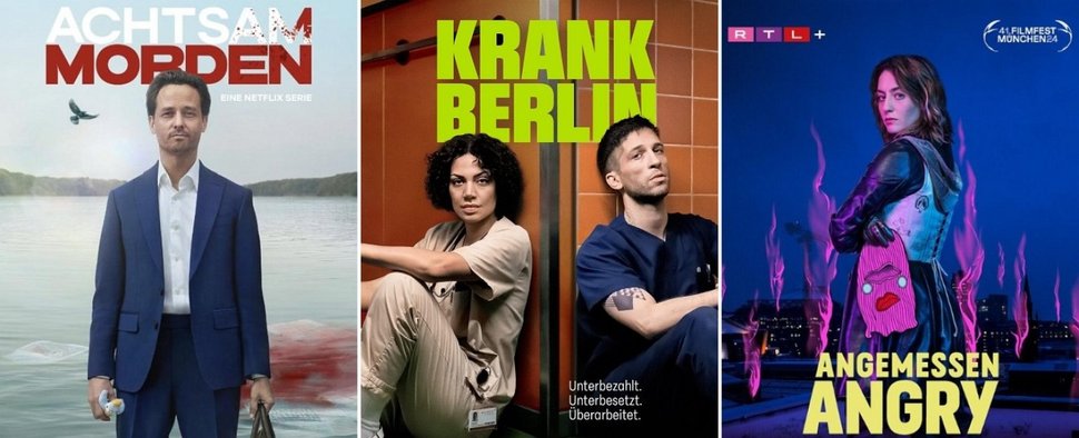 Stehen auf der Nominierungsliste: „Achtsam morden“, „KRANK Berlin“ und „Angemessen Angry“ – Bild: Netflix/Apple TV+/RTL