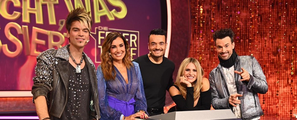 (v. l.) Chris Ehrlich, Jana Ina Zarrella, Giovanni Zarrella, Michelle Hunziker und Andreas Ehrlich in „Denn sie wissen nicht, was passiert“ – Bild: RTL / Julia Feldhagen