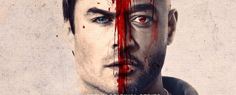 „V Wars“: Die Freunde Dr. Luther Swann (Ian Somerhalder, l.) und Michael Fayne (Adrian Holmes) sind durch eine Grenze aus Blut getrennt – Bild: Netflix