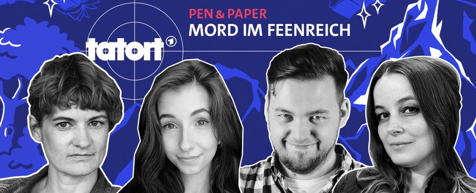Von links: Eli Wasserscheid, Baso, Steffen Grziwa und Mháire Stritter wirken beim neuen Twitch-„Tatort“ mit – Bild: BR/Hager Moss Film GmbH/Hendrik Heiden/Baso/Rocket Beans TV/Mháire Stritter/Grafik & Montage: Carina Urban