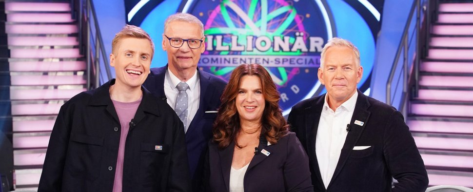 (v. l.) Till Reiners, Günther Jauch, Katharina Witt und Johannes B. Kerner im Prominentenspecial von „Wer wird Millionär?“. Es fehlt: Sonja Zietlow – Bild: RTL/Stefan Gregorowius