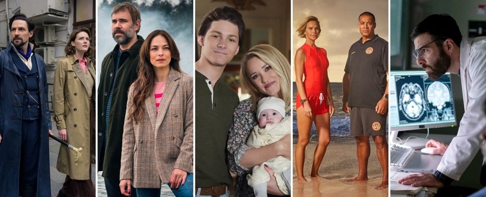 Zu den neuen Serien gehören (v. l.) „The Librarians: The Next Chapter“, „Murder in a Small Town“, „Georgie & Mandy’s First Marriage“, „Rescue: HI-Surf“ und „Brilliant Minds“ – Bild: The CW, FOX, CBS, FOX, NBC