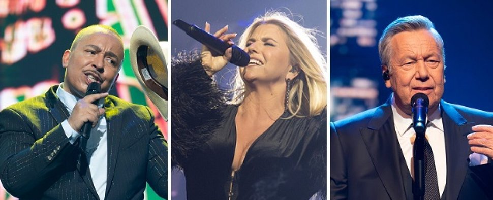 Zu Gast in der „Giovanni Zarrella Show“ am 3. Mai 2025 (v. l.): Lou Bega, Beatrice Egli und Roland Kaiser – Bild: ZDF/Sascha Baumann