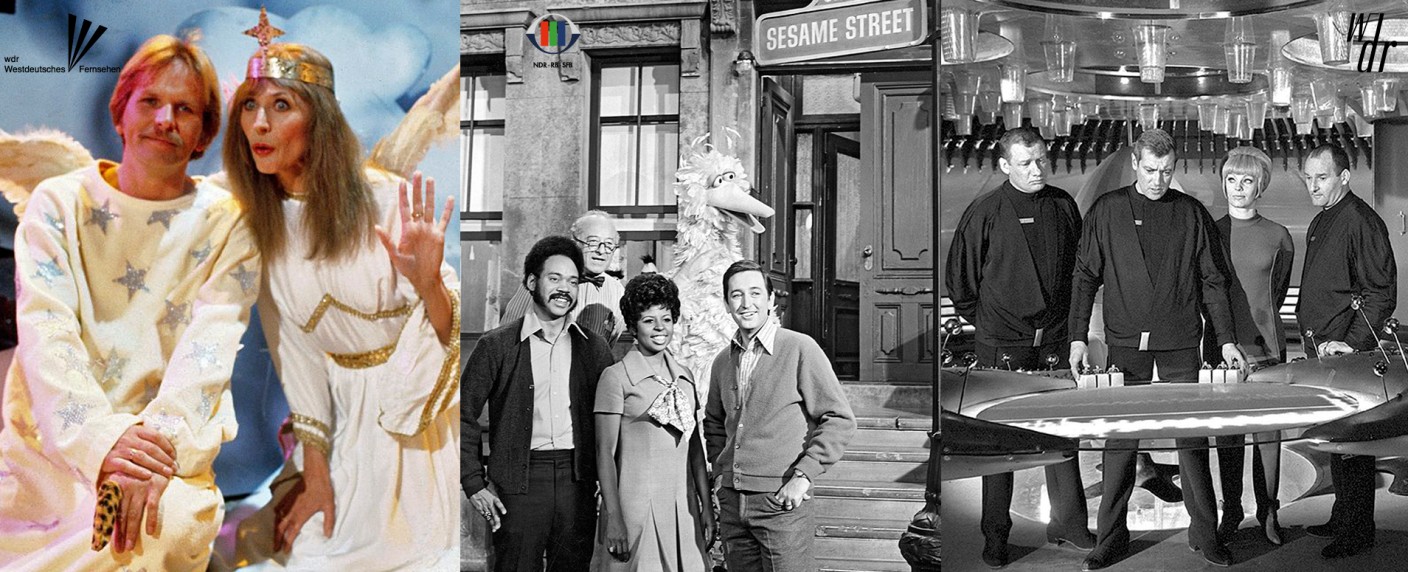 75 Jahre ARD: WDR und NDR überschreiten Grenzen – Lob und Tadel für „Plattenküche“, „Soap“, „Telekolleg“, Jack Arnold, „extra 3“ – Bild: WDR, NDR /​ Sesame Workshop, WDR/​Bavaria, Collage SGE